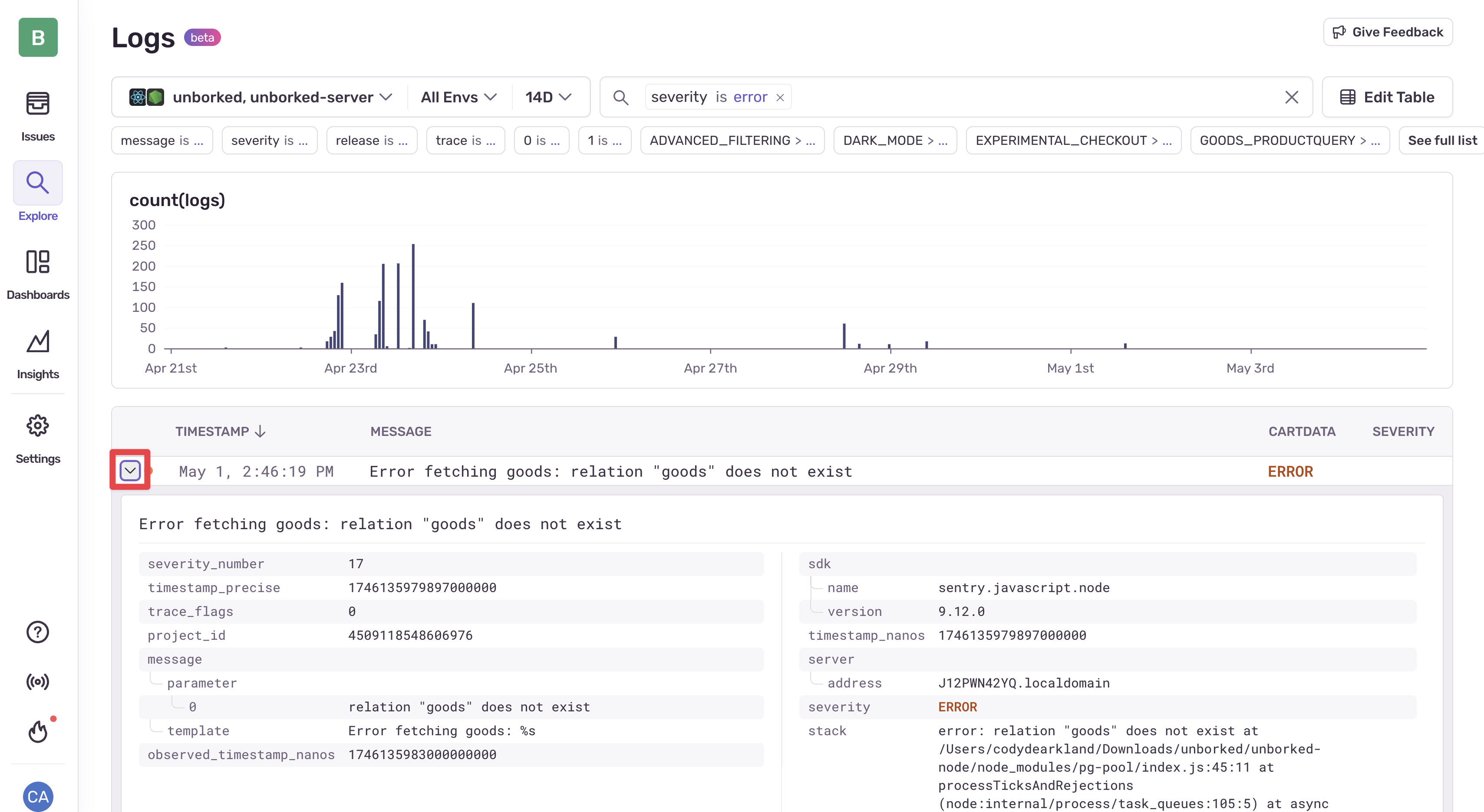 Expanded Logs View